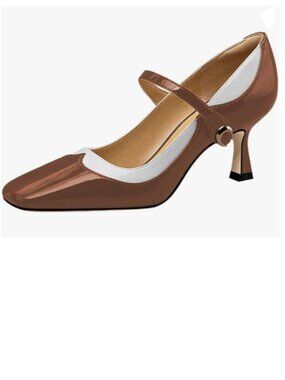 YDN Brown Square Toe Mary Janes Pumps Fashion Mid Heels Ankle Strap Dress Shoes